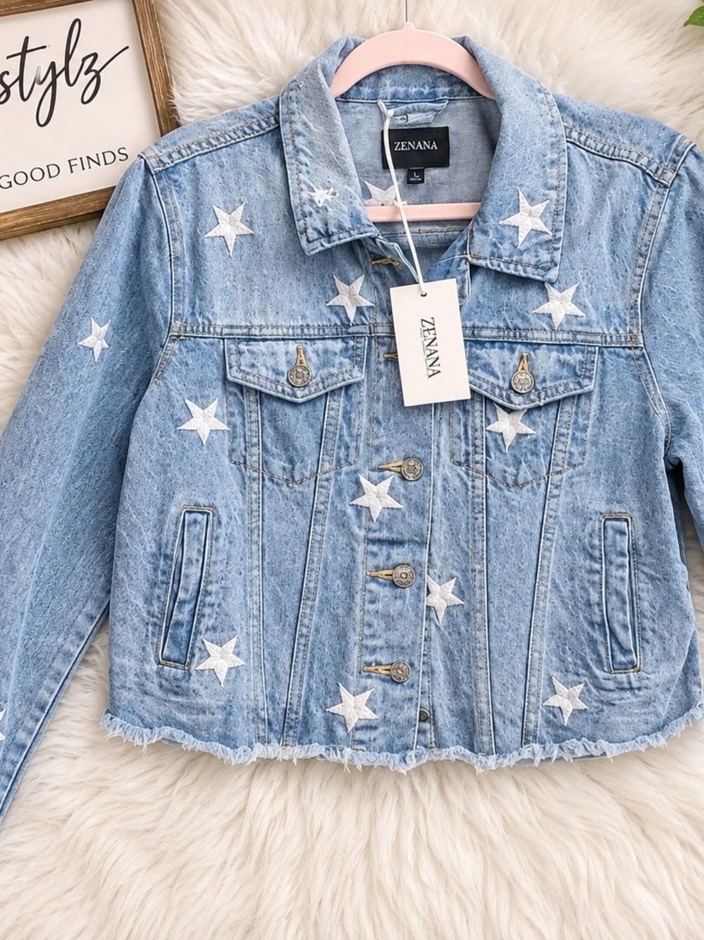ZENANA | Star Embroidered Denim Jacket | Light Wash | NWT - Picture 2 of 2